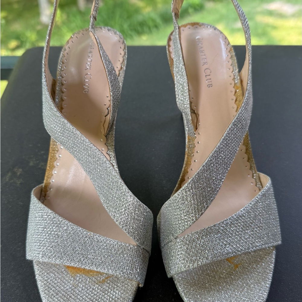 Charter Club Silver Heels with Crossed Strap Design